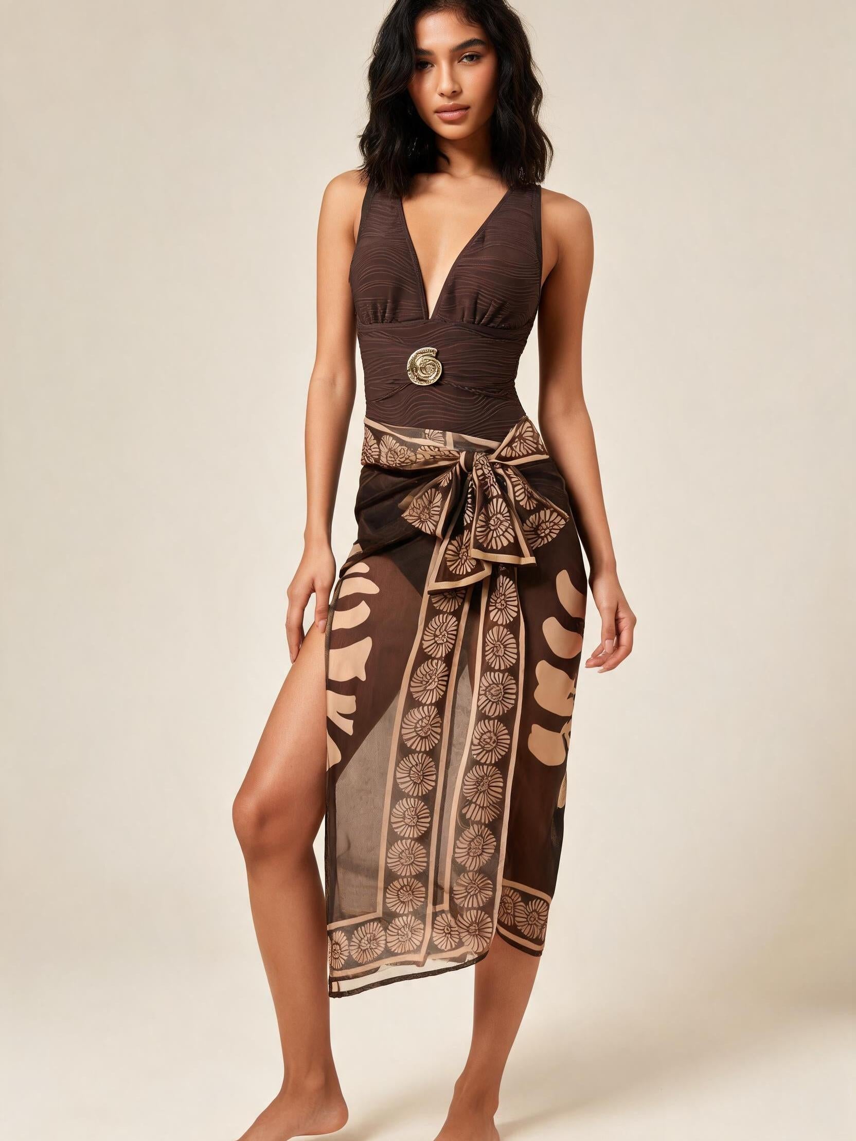 Tropical Sarong Wrap Swimsuit Set Coffee/Cocoa brown, one-piece with matching wrap