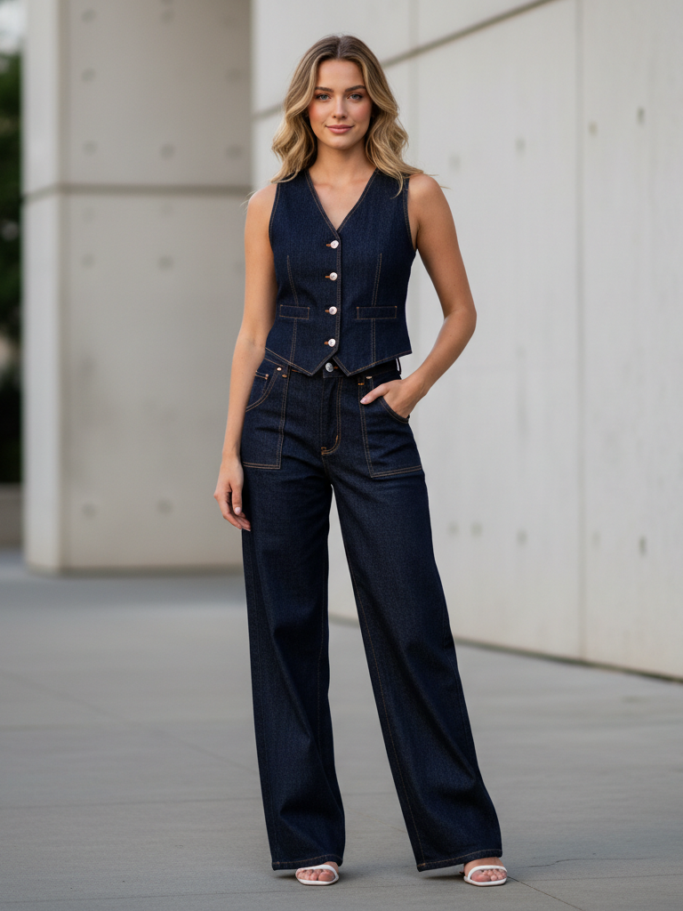 Model wearing dark indigo denim waistcoat with V-neck and silver buttons, paired with wide-leg denim trousers outdoors.