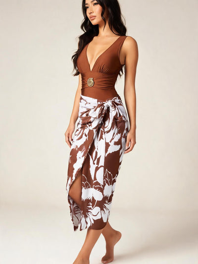 Tropical Sarong Wrap Swimsuit Set by Swimwears, cocoa brown; 2-piece with wrap skirt