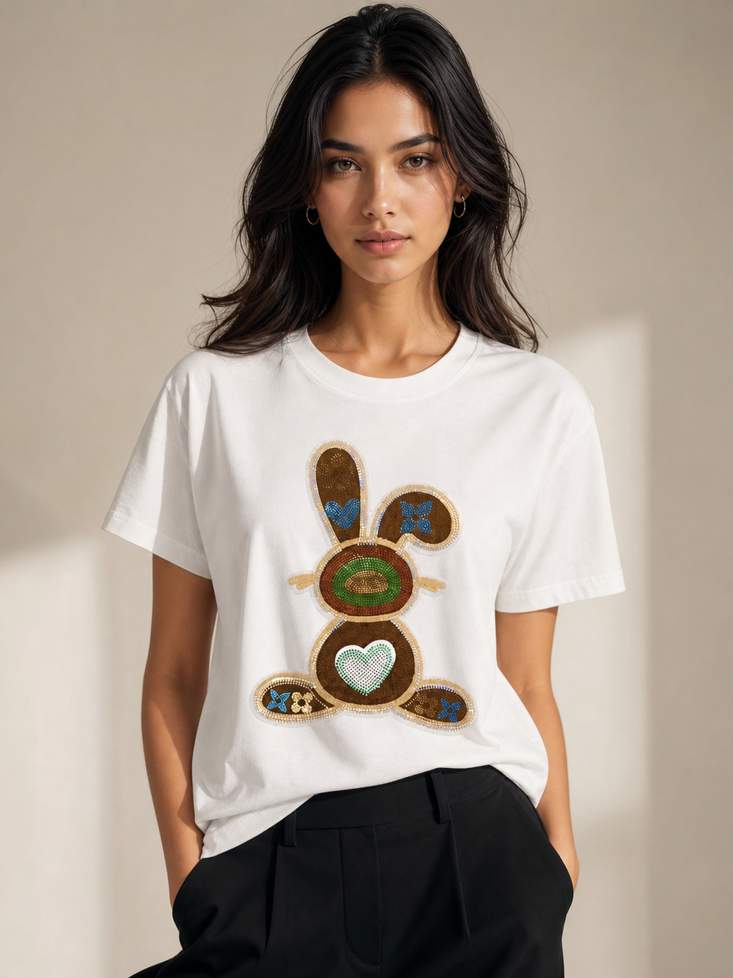 Print M I U Cotton Lycra T-Shirt, white top with sequined bunny graphic