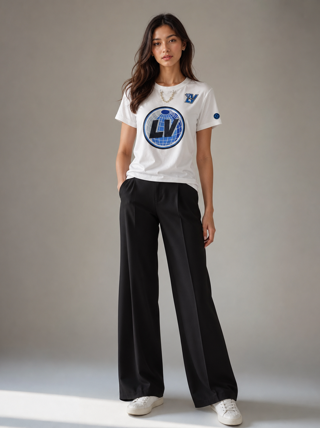 Print Cotton Lycra LV T-shirt by Branded, white top with blue globe LV logo patches