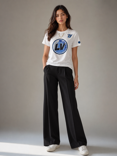Print Cotton Lycra LV T-shirt by Branded, white top with blue globe LV logo patches
