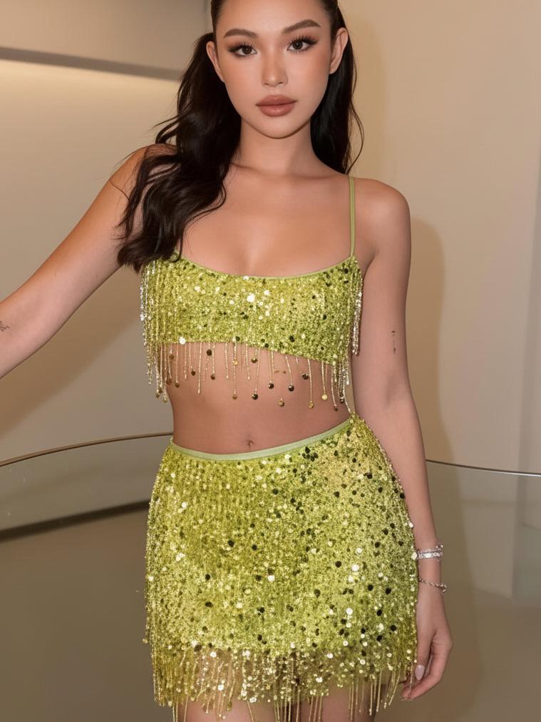 Starlight Fringe Sequin Co‑Ord Set by Exclusives; lime green two-piece outfit with fringe details.