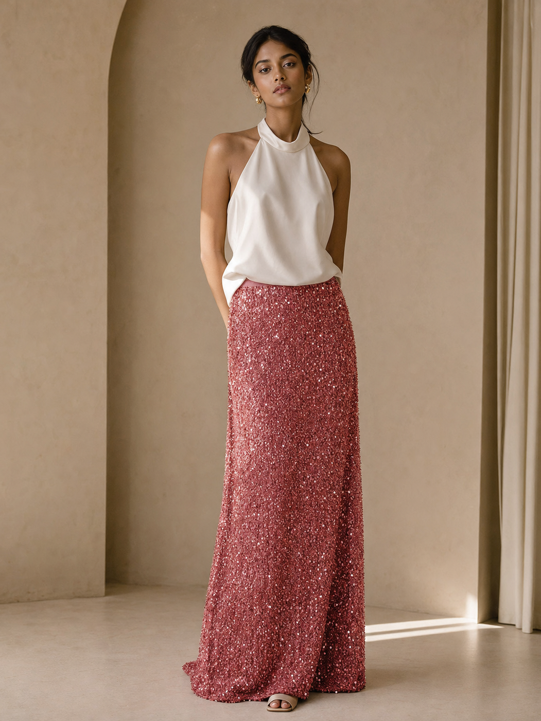 All-Over Sequin Maxi Skirt on sale; pink-red sequin-embellished floor-length skirt.