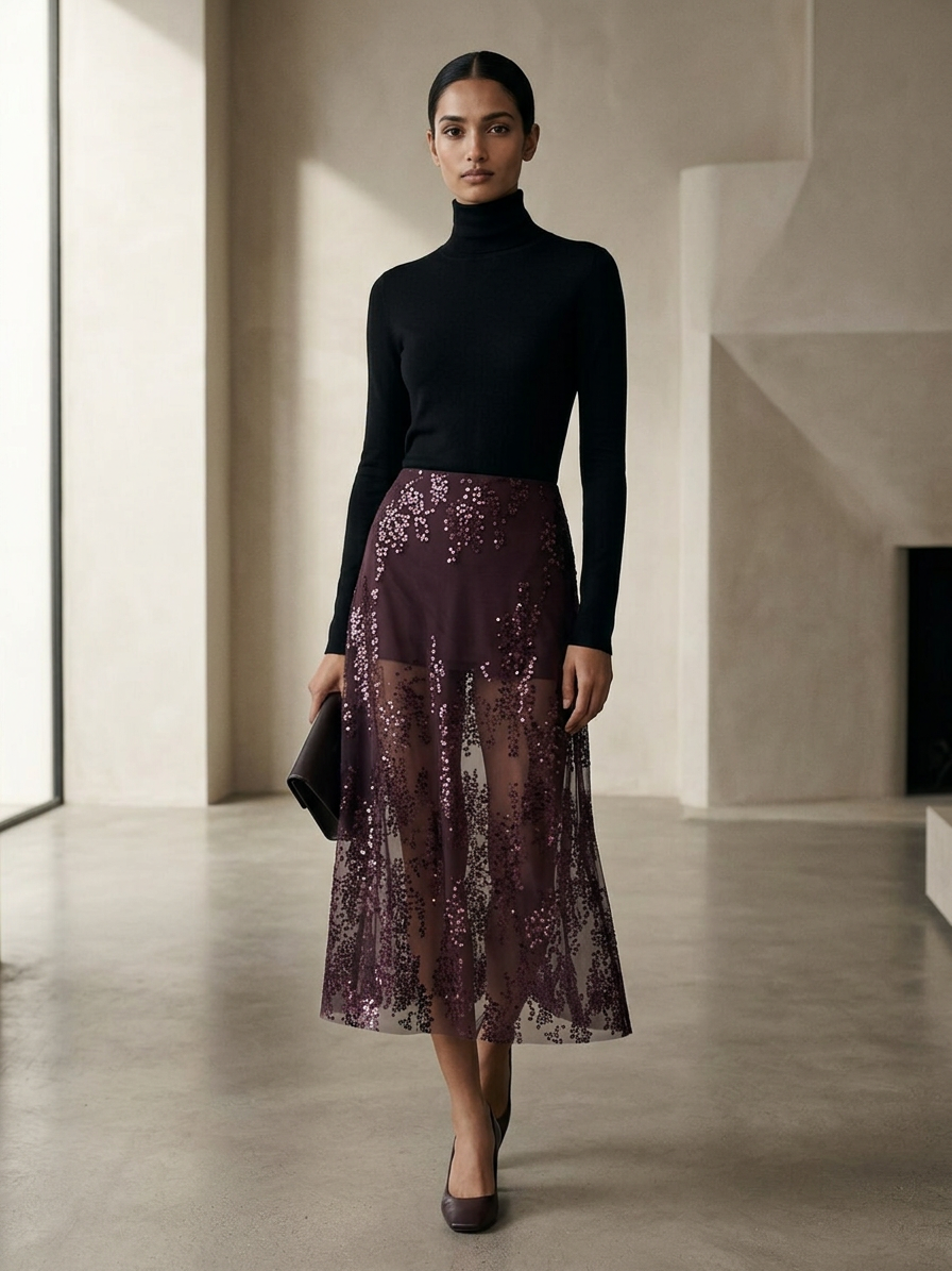 Ombre Sequin Sheer Maxi Skirt in plum; sheer overlay with sequins, full-length on sale