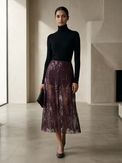 Ombre Sequin Sheer Maxi Skirt in plum; sheer overlay with sequins, full-length on sale