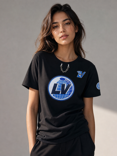 Print Cotton Lycra LV T-Shirt in black with blue LV globe logo on front
