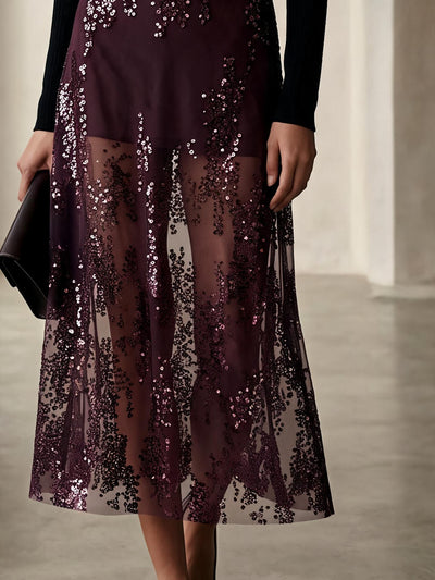 Ombre Sequin Sheer Maxi Skirt plum-black with floral sequins, Exclusives, on sale