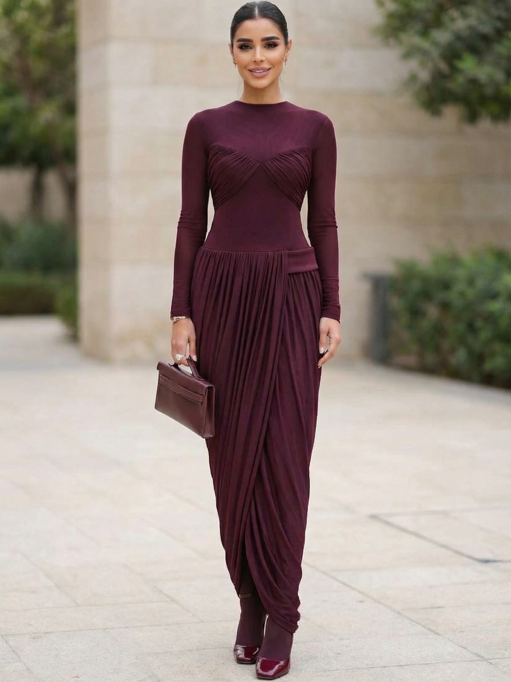 Draped Pleat Long-Sleeve Maxi Dress by Exclusives in burgundy, on sale