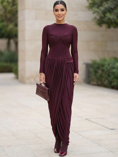 Draped Pleat Long-Sleeve Maxi Dress by Exclusives in burgundy, on sale