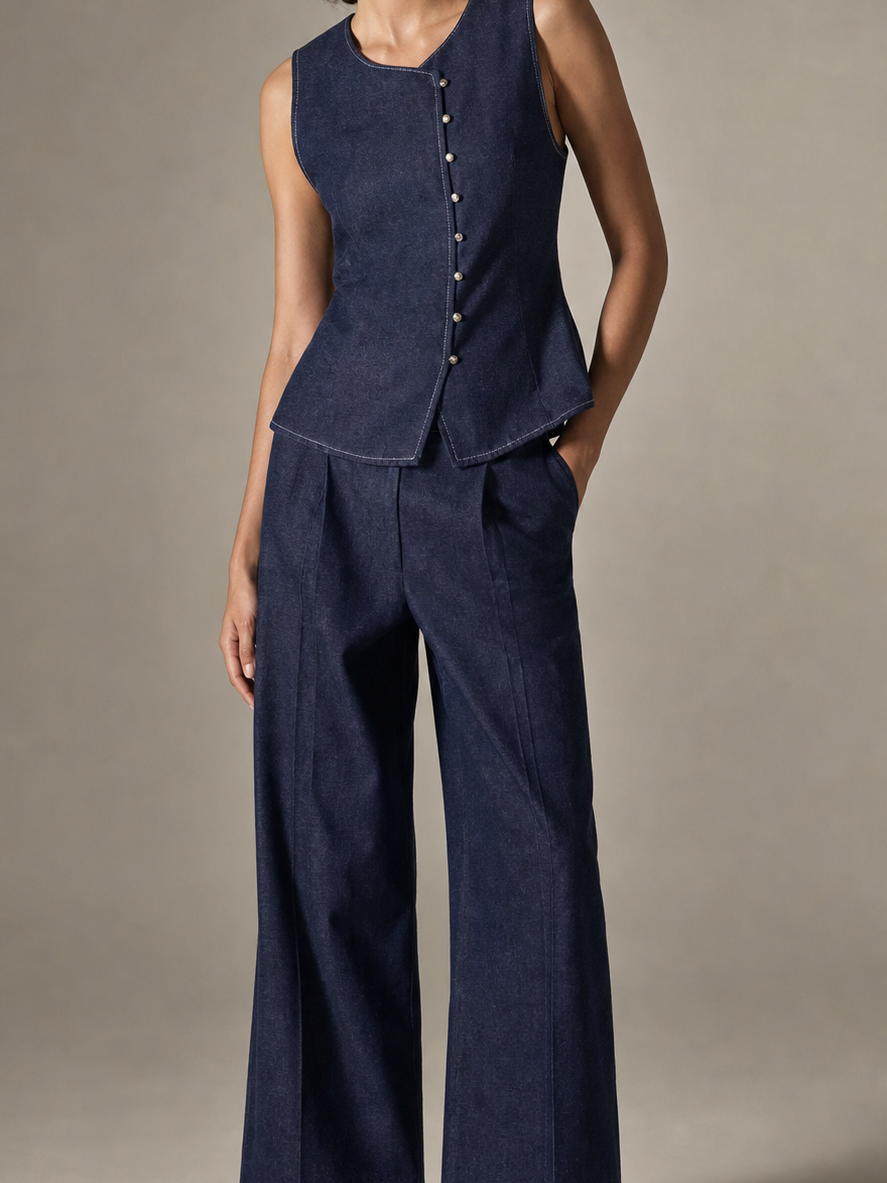 Dark indigo denim waistcoat and wide-leg trousers co-ord set by Exclusives