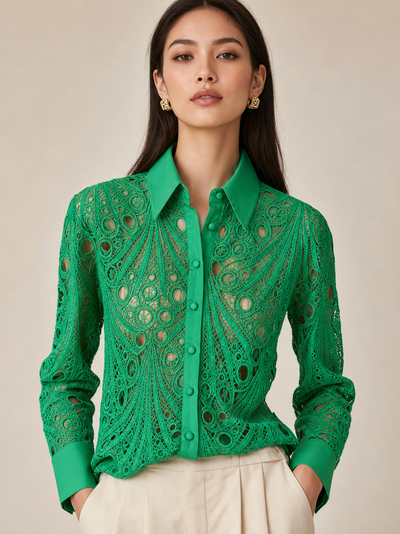 Crochet shirt by Exclusives, green lace top with circular motifs and front button placket