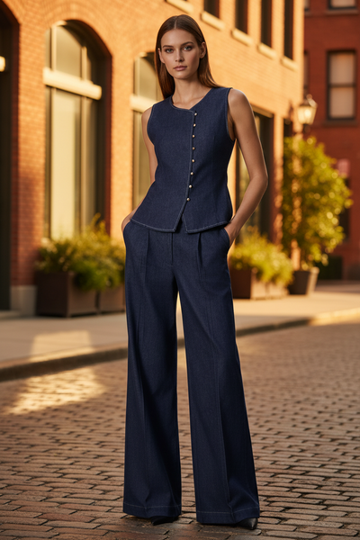 Dark Indigo Denim Waistcoat and Wide‑Leg Trousers Co‑ord Set