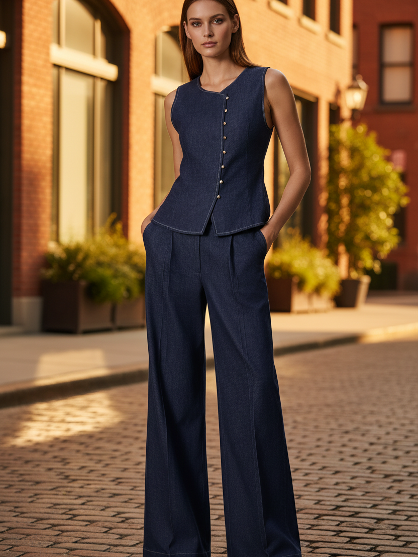 Dark Indigo Denim Waistcoat and Wide-Leg Trousers 2-piece Co-ord Set by Exclusives