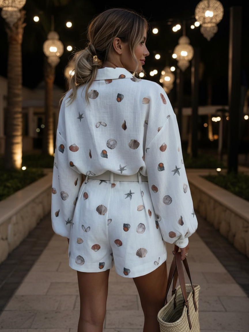Back view of white seashell print shirt and shorts set with belt, puff sleeves, straw tote under hanging lantern lights.