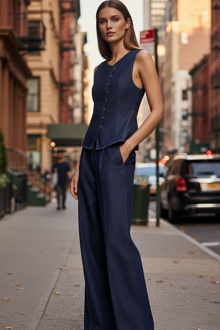 Dark Indigo Denim Waistcoat and Wide‑Leg Trousers Co‑ord Set