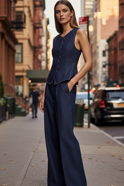 Dark Indigo Denim Waistcoat and Wide‑Leg Trousers Co‑ord Set