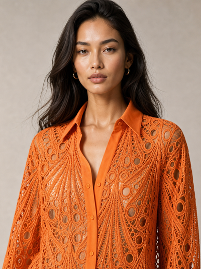 Crochet shirt, orange lace top with openwork panels from Exclusives