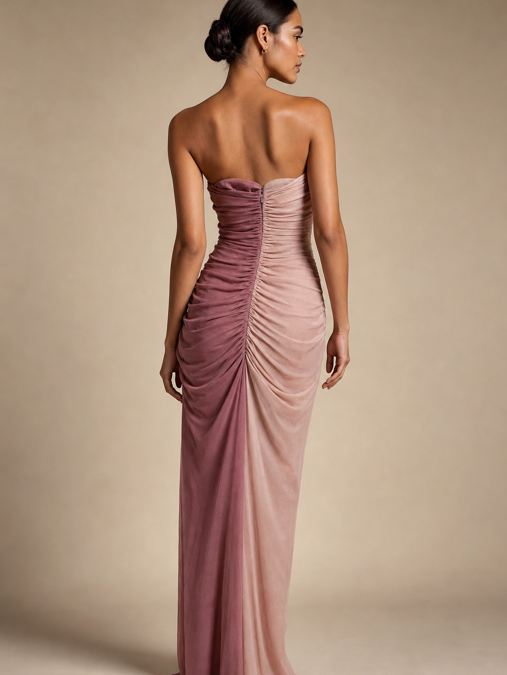 Pink tie-dye tube mesh dress by EXCLUSIVES, strapless with ruched center seam, on sale