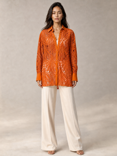 Crochet shirt orange long-sleeve blouse by Exclusives with front button-down placket