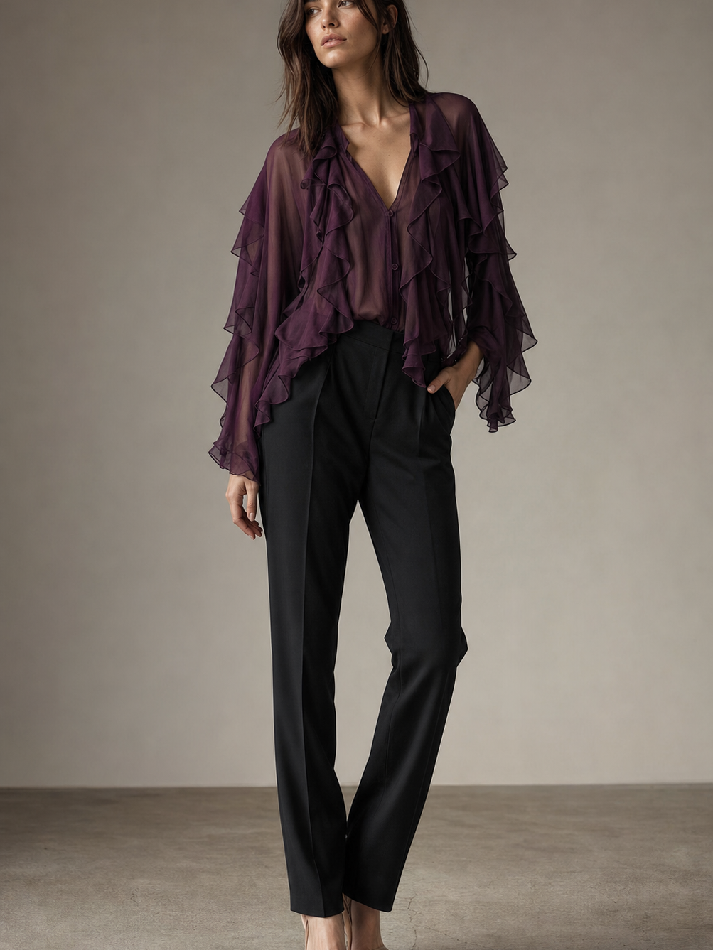 Ruffles V Neck Full Sleeve Top