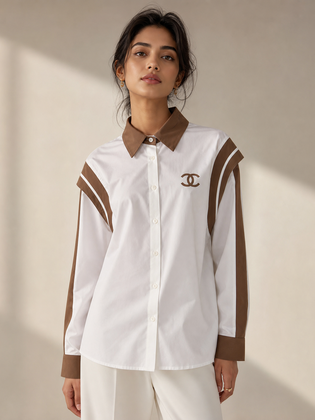 CH Print White Cotton Shirt with brown collar and stripe accents, Chanel logo