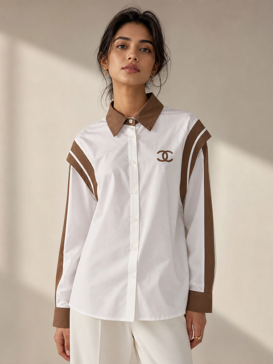 CH Print White Cotton Shirt with brown collar and stripe accents, Chanel logo