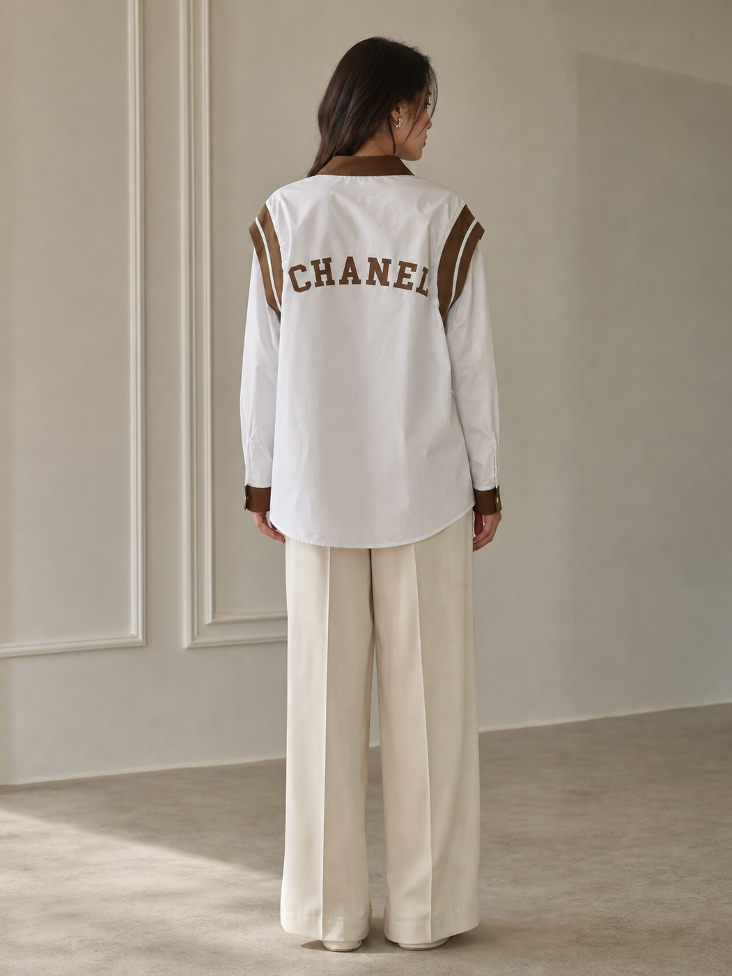 CH Print White Cotton Shirt with brown shoulder trim and Chanel back print