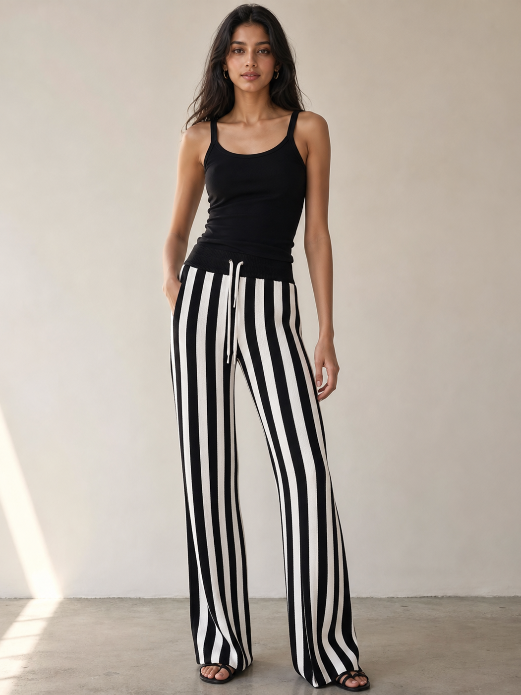 Striped woolen wide-elastic waist pants with black-and-white vertical stripes, drawstring waistband, wide legs