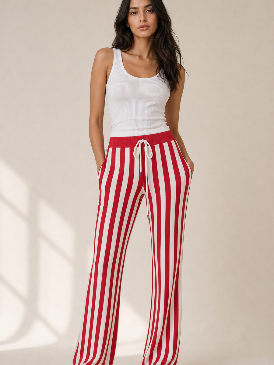 Striped woolen wide-leg pants with elastic waist and drawstring in red and white