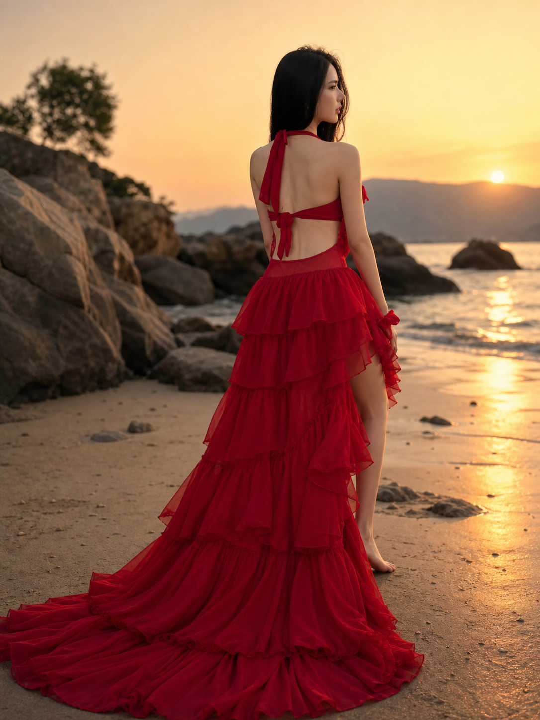 Red Siren Ruffle Swimsuit Set, red tiered ruffle one-piece swimsuit on sale
