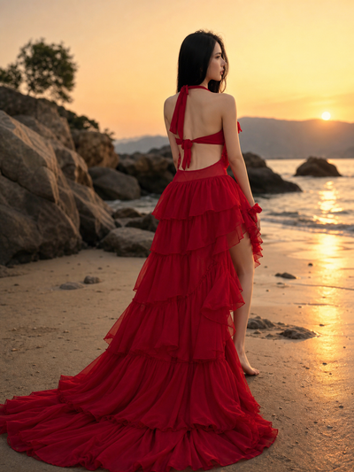 Red Siren Ruffle Swimsuit Set, red tiered ruffle one-piece swimsuit on sale