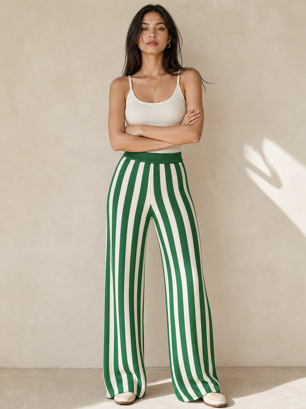 Winters striped woolen wide-elastic waist pants in green and white vertical stripes