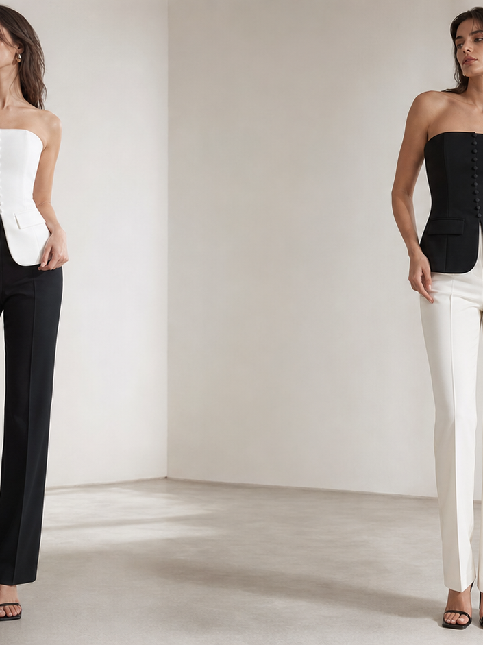 Button-up Vest Tube Top; white and black strapless versions shown as two tops with front button row and pocketed hems.