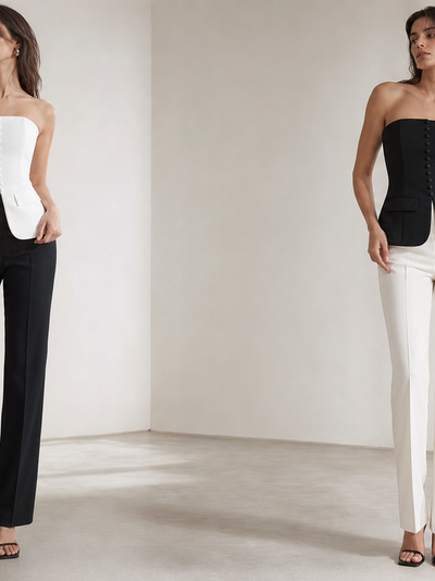 Button-up Vest Tube Top; white and black strapless versions shown as two tops with front button row and pocketed hems.