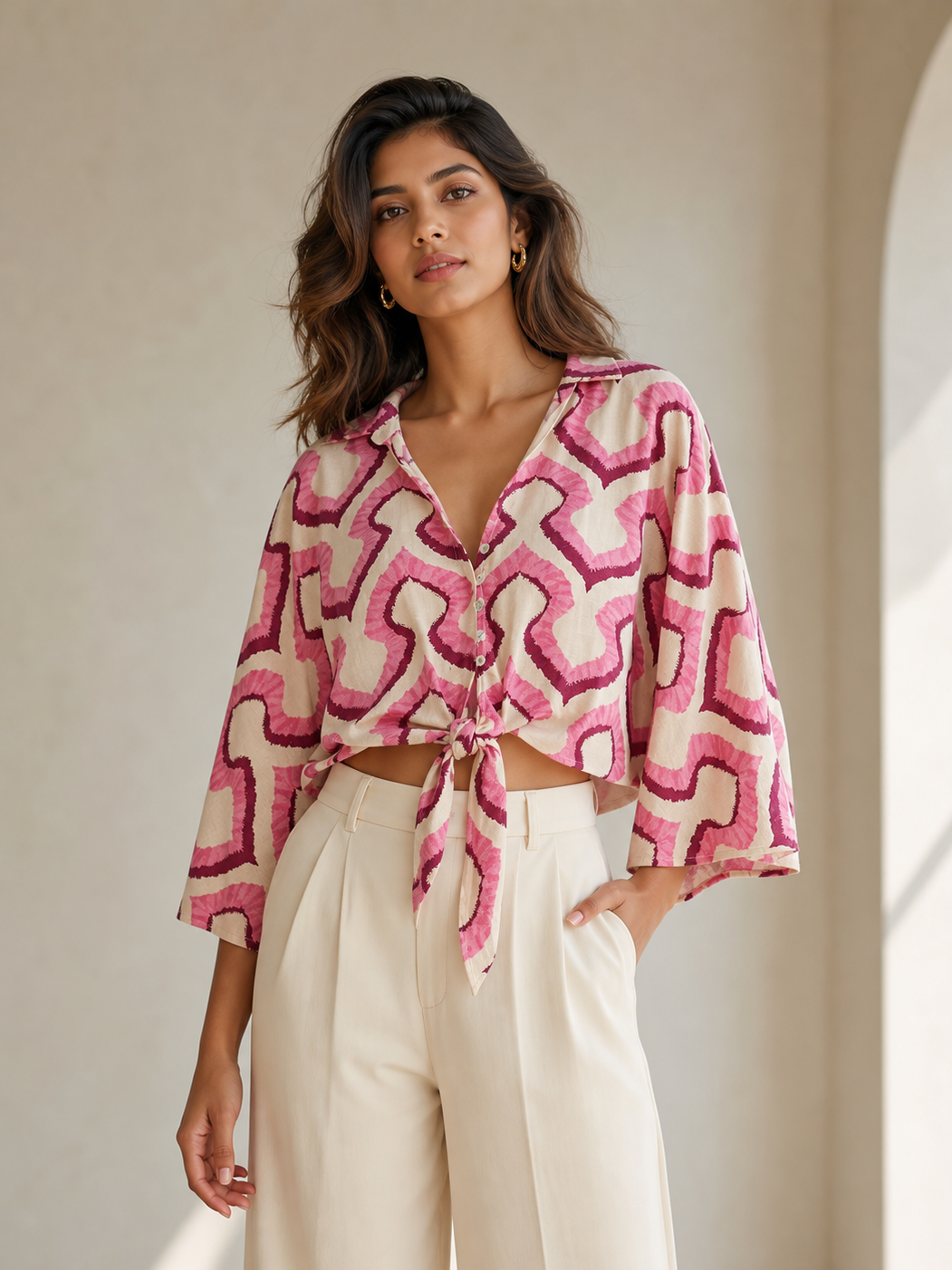 Printed Bow Shirt Top in pink and beige abstract print, tied front.