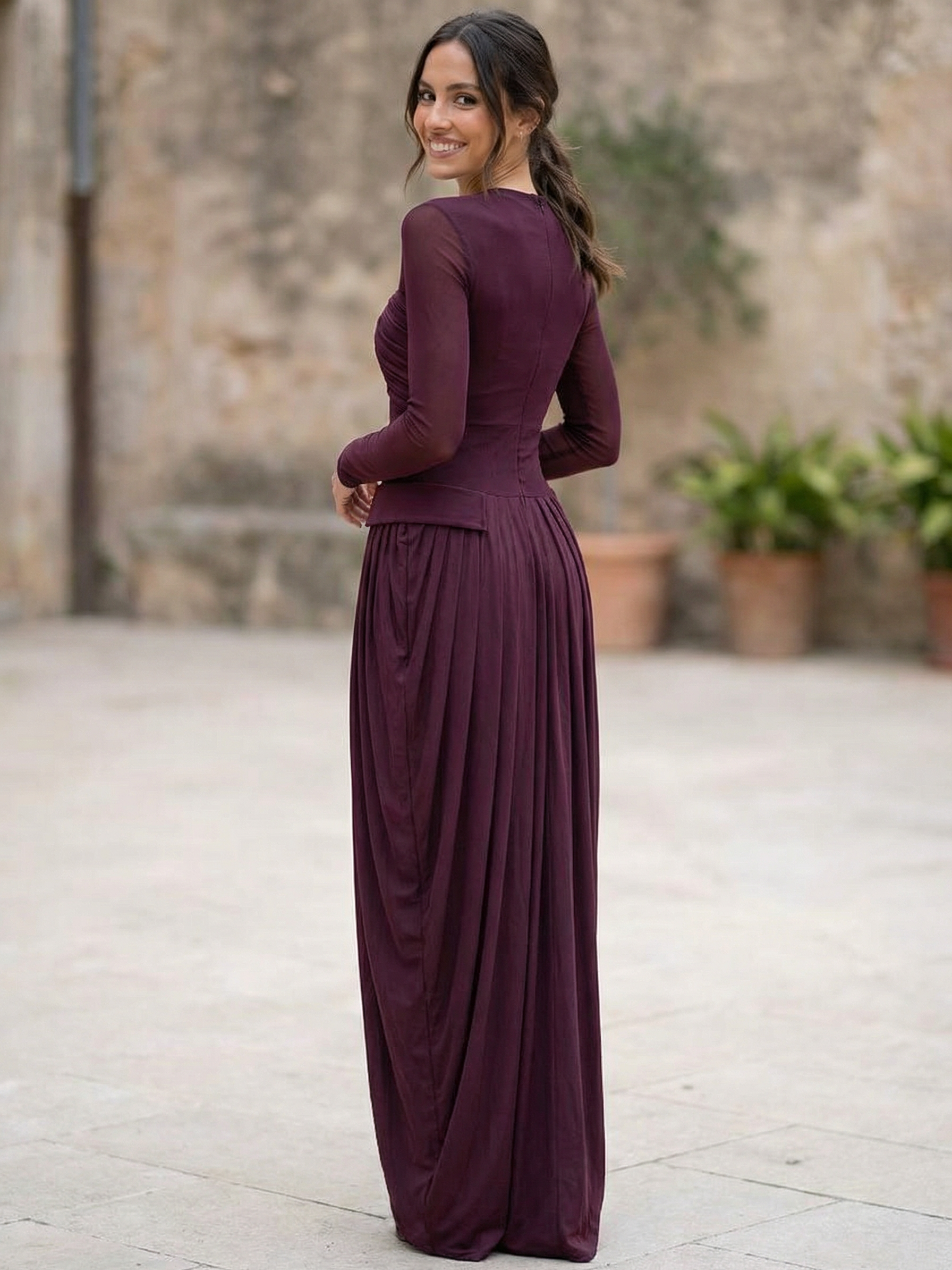 Exclusives Draped Pleat Long-Sleeve Maxi Dress in burgundy, full-length pleated gown