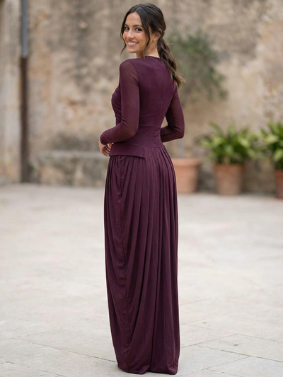 Exclusives Draped Pleat Long-Sleeve Maxi Dress in burgundy, full-length pleated gown