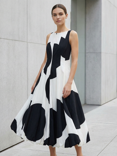 Monochrome Abstract Swing Midi Dress