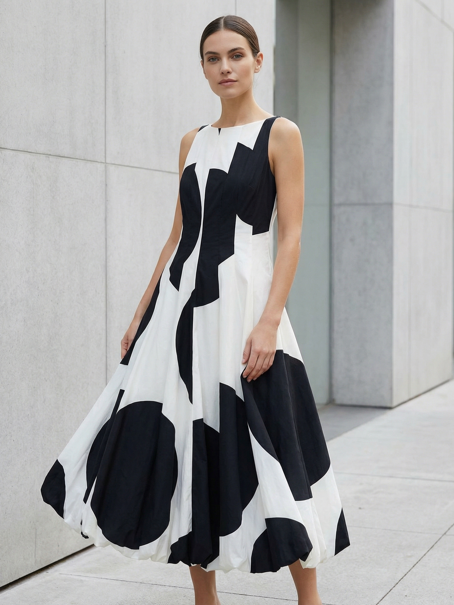 Monochrome Abstract Swing Midi Dress