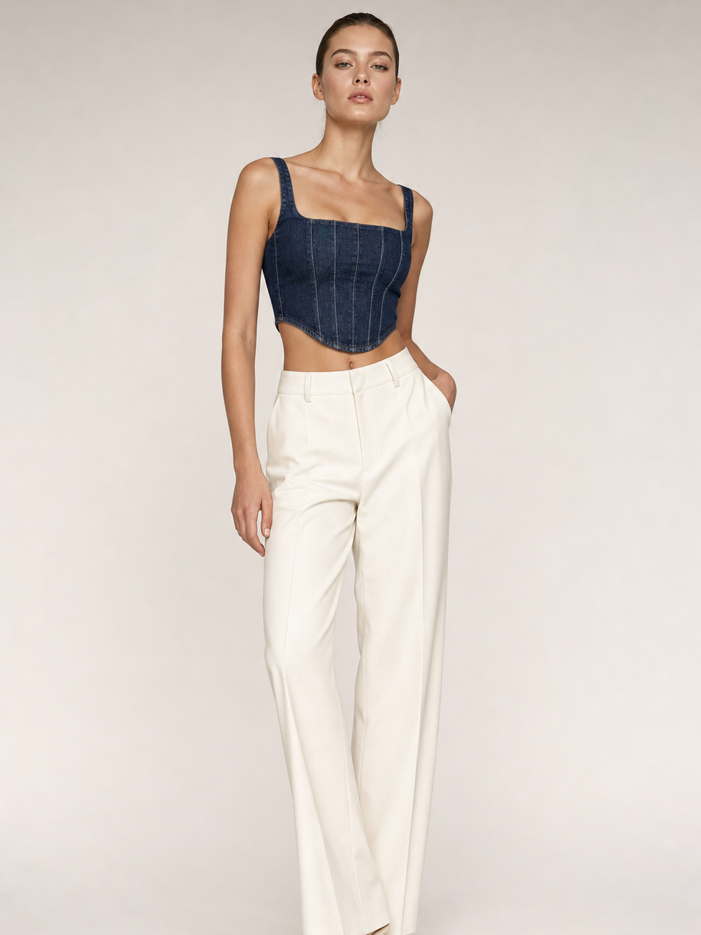 Denim Corset Sling Crop Top by EXCLUSIVES, dark blue denim with a structured bodice
