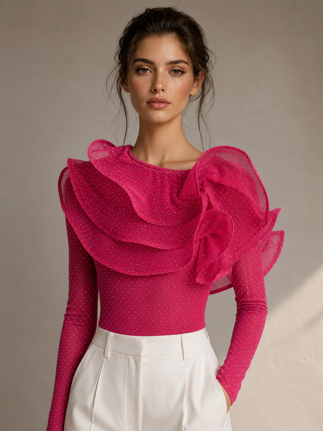 One Shoulder Ruffle Rhinestone Top in pink with oversized layered ruffle and dotted rhinestones