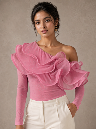 One Shoulder Ruffle Rhinestone Top by EXCLUSIVES, pink with rhinestone dots and a dramatic ruffle