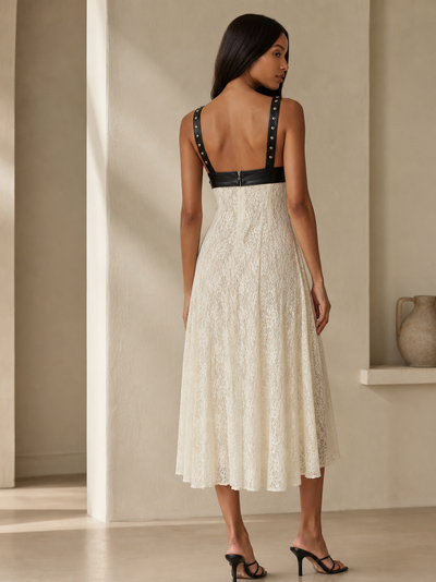 Floral Lace Belt Bodice Midi Dress, ivory lace with black studded straps and back zipper