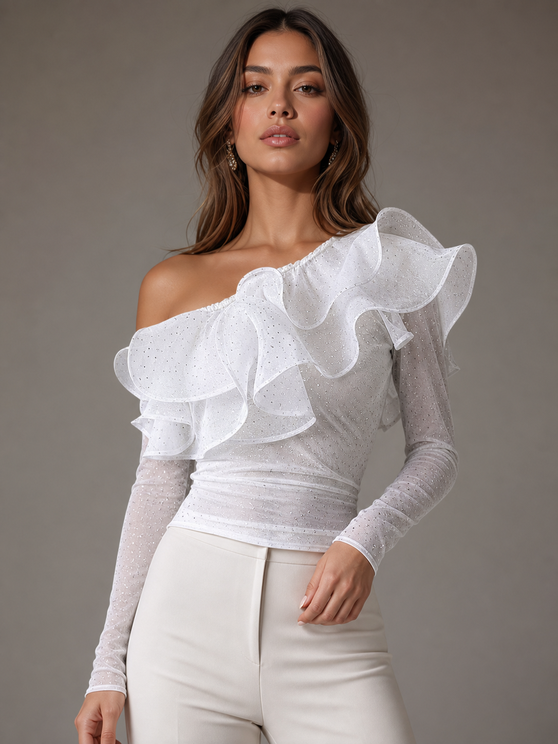One-Shoulder Ruffle Rhinestone Top by EXCLUSIVES, white with dramatic layered rhinestone ruffle and long sleeve