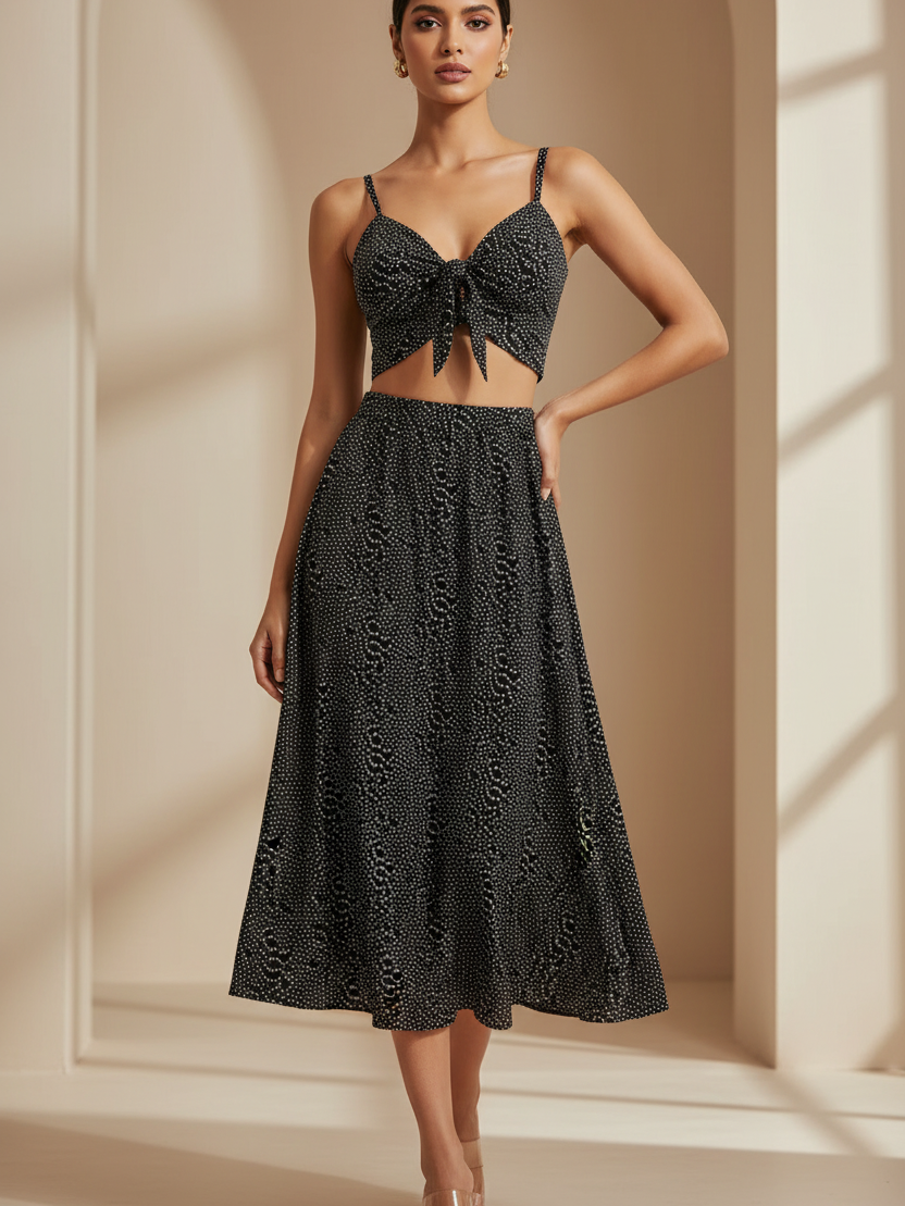 Crop Top Spaghetti Strap Top & Coord Skirt Set: black dotted two-piece with tie-front top, midi skirt.