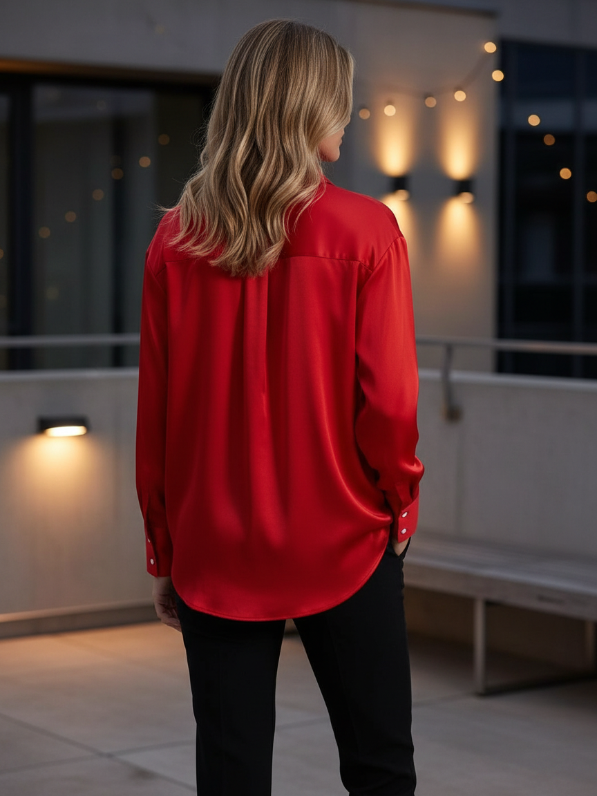 Back view of a woman in a vivid red satin-feel button-down shirt, loose fit with curved hem, on a city balcony at dusk.