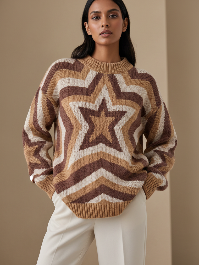 Star-print long-sleeve pullover sweater in tan, brown, cream knit