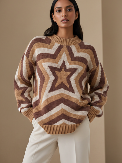 Star-print long-sleeve pullover sweater in tan, brown, cream knit
