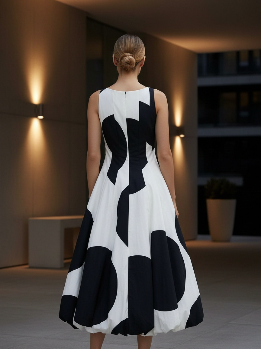 Back view of a woman in a sleeveless white swing midi dress with black abstract shapes, full skirt, back zipper, bun.